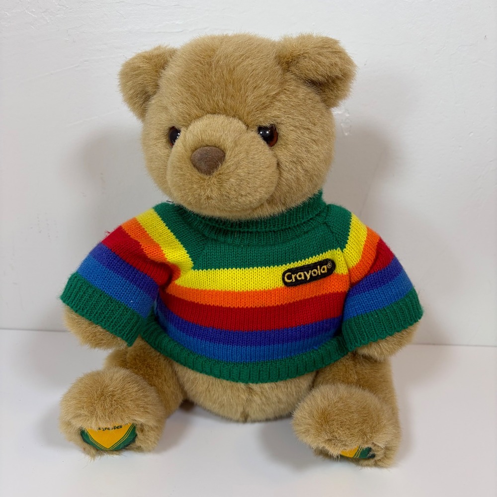 Vintage Gund Crayola 12" Teddy Bear Rainbow Striped Sweater Plush Binney Smith